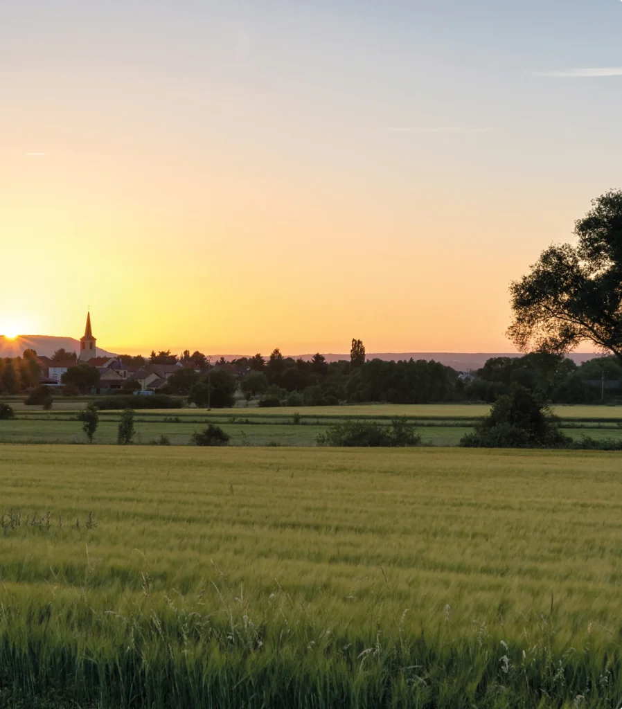 Un village avec une église et une flèche se dresse au loin, baigné par la lumière dorée d'un coucher de soleil sur un champ verdoyant.